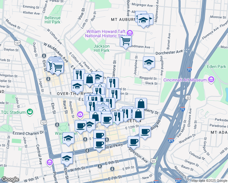 map of restaurants, bars, coffee shops, grocery stores, and more near in Cincinnati