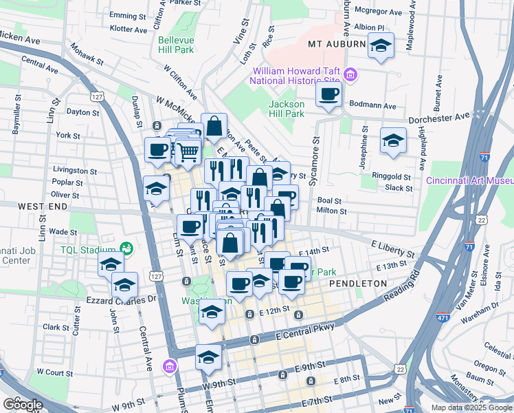 map of restaurants, bars, coffee shops, grocery stores, and more near 1630 Walnut Street in Cincinnati