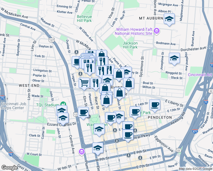 map of restaurants, bars, coffee shops, grocery stores, and more near 1632 Vine Street in Cincinnati