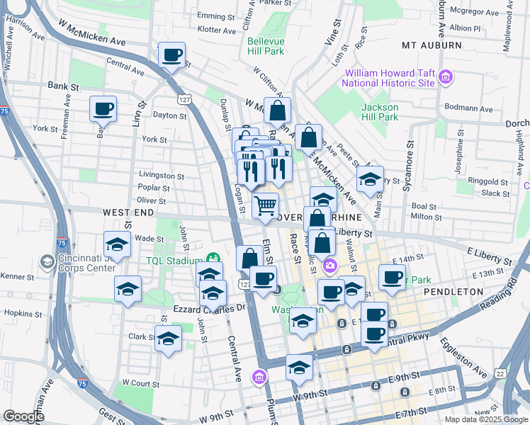 map of restaurants, bars, coffee shops, grocery stores, and more near 121 Green in Cincinnati