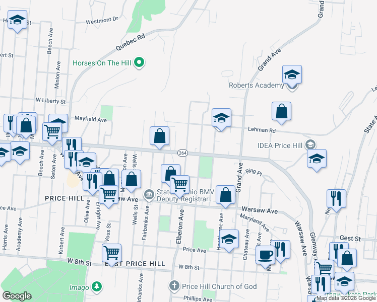 map of restaurants, bars, coffee shops, grocery stores, and more near 1210 Blanchard Avenue in Cincinnati