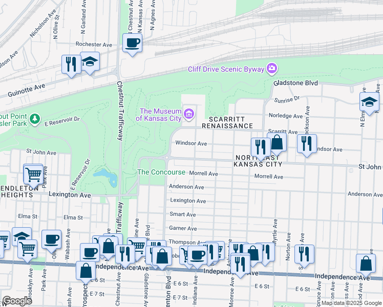 map of restaurants, bars, coffee shops, grocery stores, and more near 3231 Windsor Avenue in Kansas City