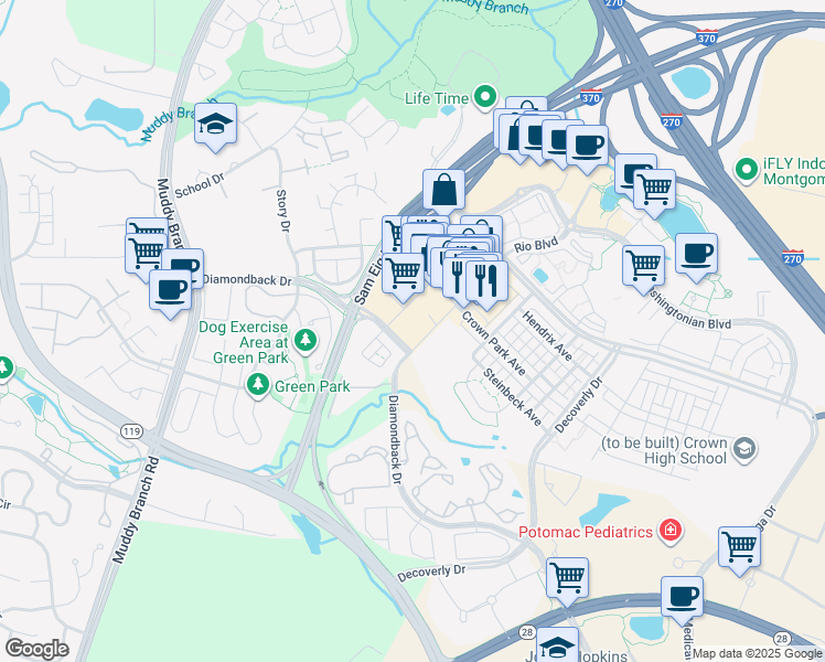 map of restaurants, bars, coffee shops, grocery stores, and more near 333 Ellington Boulevard in Gaithersburg
