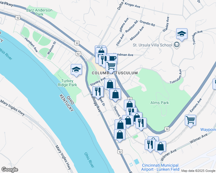 map of restaurants, bars, coffee shops, grocery stores, and more near 3626 Eastern Avenue in Cincinnati