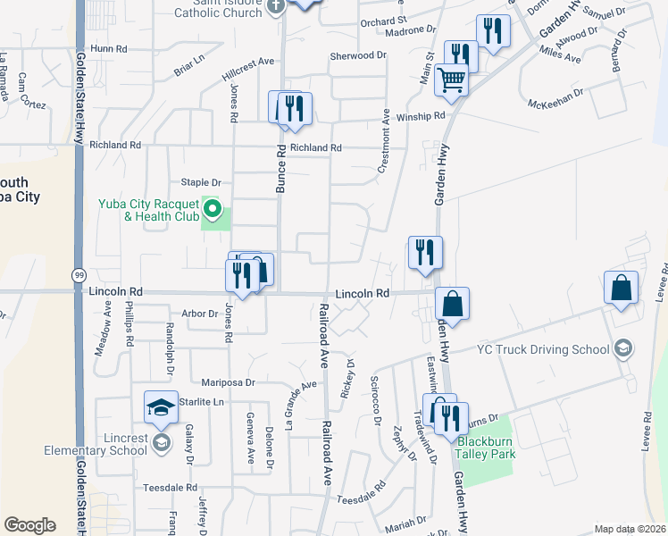 map of restaurants, bars, coffee shops, grocery stores, and more near 951 Railroad Avenue in Yuba City