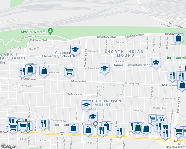 map of restaurants, bars, coffee shops, grocery stores, and more near 125 North Chelsea Avenue in Kansas City
