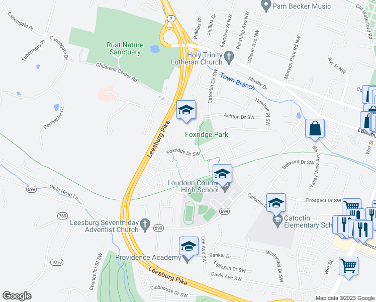 map of restaurants, bars, coffee shops, grocery stores, and more near 403 Foxridge Drive Southwest in Leesburg