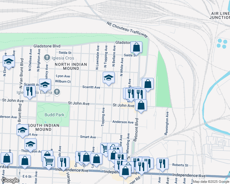 map of restaurants, bars, coffee shops, grocery stores, and more near 144 North White Avenue in Kansas City