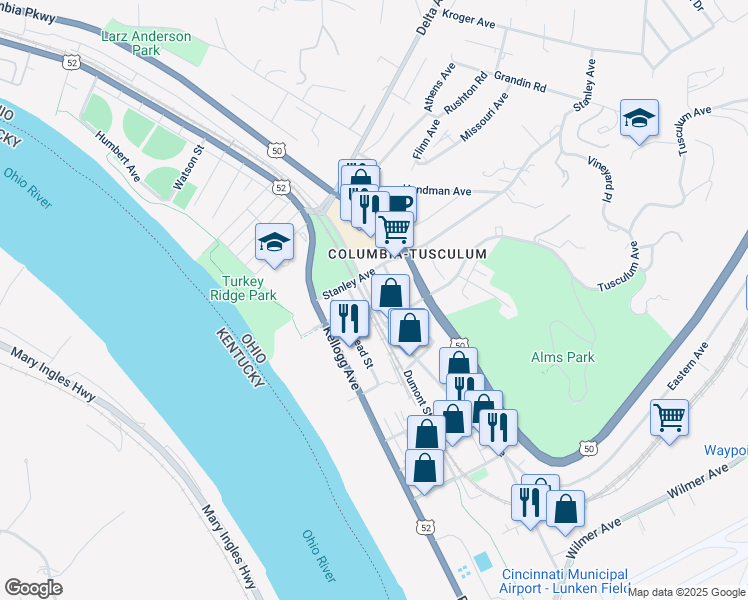 map of restaurants, bars, coffee shops, grocery stores, and more near 3626 Eastern Avenue in Cincinnati