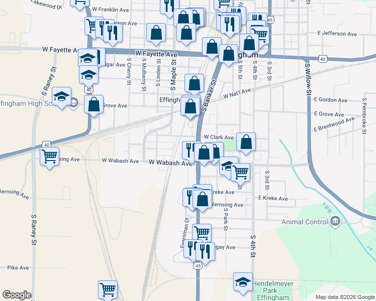 map of restaurants, bars, coffee shops, grocery stores, and more near 401-499 West Clark Avenue in Effingham