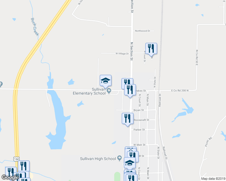 map of restaurants, bars, coffee shops, grocery stores, and more near 415 West Frakes Street in Sullivan