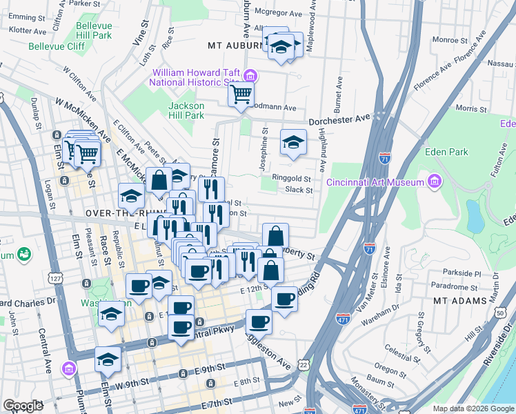 map of restaurants, bars, coffee shops, grocery stores, and more near 406 Boal Street in Cincinnati