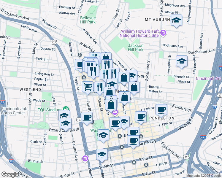 map of restaurants, bars, coffee shops, grocery stores, and more near 1632 Vine Street in Cincinnati