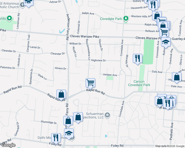 map of restaurants, bars, coffee shops, grocery stores, and more near 1080 Beechmeadow Lane in Cincinnati