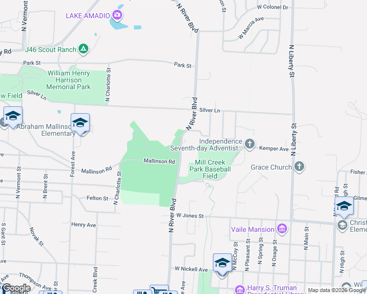 map of restaurants, bars, coffee shops, grocery stores, and more near 2121 North River Boulevard in Independence