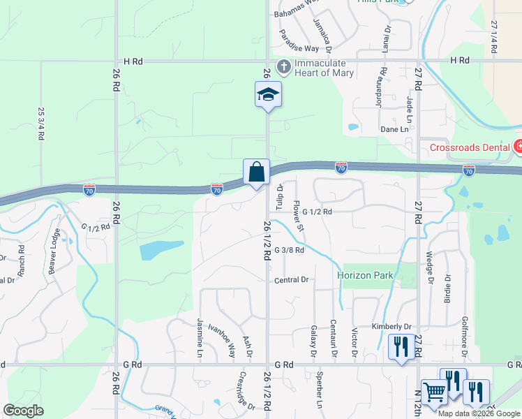 map of restaurants, bars, coffee shops, grocery stores, and more near 2643 Cottonwood Dr in Grand Junction