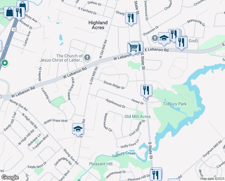 map of restaurants, bars, coffee shops, grocery stores, and more near 119 Howe Drive in Dover