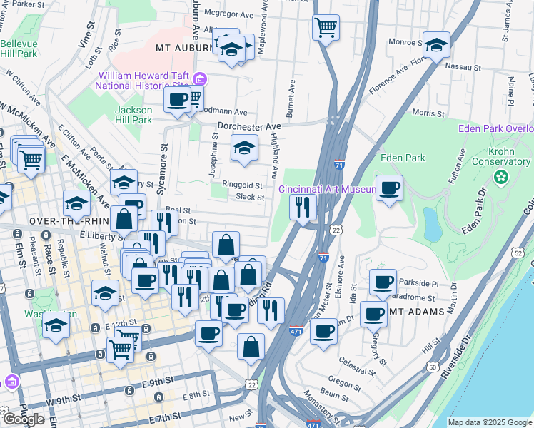 map of restaurants, bars, coffee shops, grocery stores, and more near 1713 Highland Avenue in Cincinnati