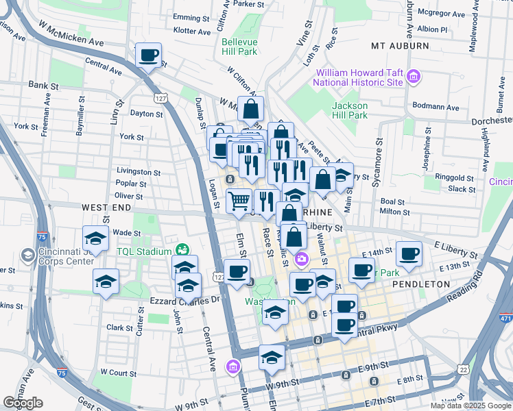 map of restaurants, bars, coffee shops, grocery stores, and more near 1630 Race Street in Cincinnati