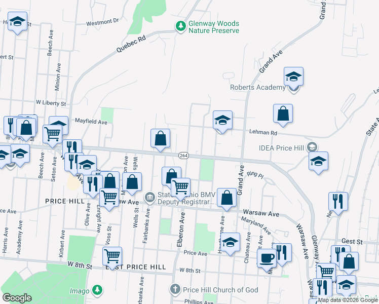 map of restaurants, bars, coffee shops, grocery stores, and more near 1210 Blanchard Avenue in Cincinnati
