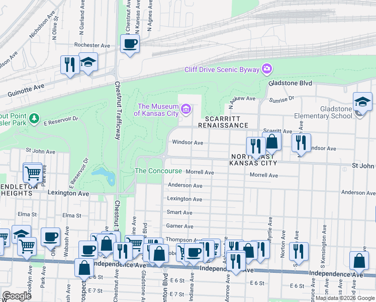 map of restaurants, bars, coffee shops, grocery stores, and more near 3231 Windsor Avenue in Kansas City