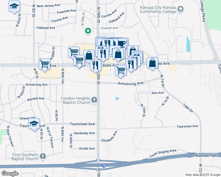 map of restaurants, bars, coffee shops, grocery stores, and more near 7701 Armstrong Avenue in Kansas City
