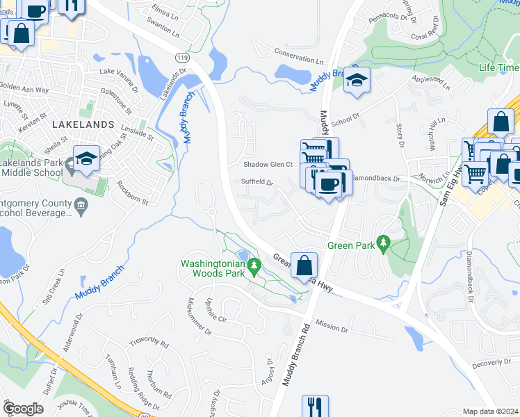 map of restaurants, bars, coffee shops, grocery stores, and more near 113 Leafcup Road in Gaithersburg