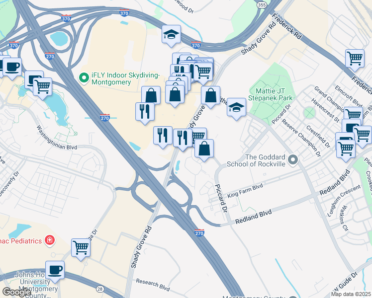 map of restaurants, bars, coffee shops, grocery stores, and more near 5 Choke Cherry Road in Rockville