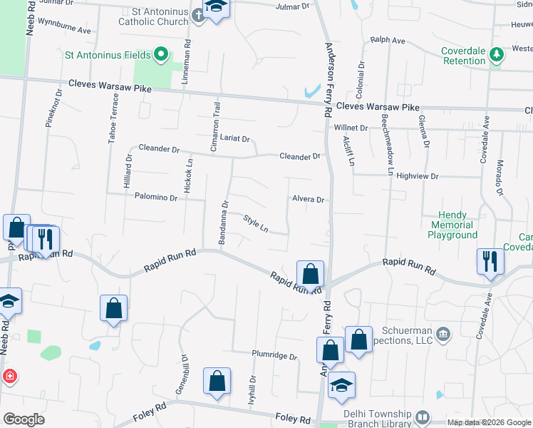 map of restaurants, bars, coffee shops, grocery stores, and more near 5395 Casual Court in Cincinnati