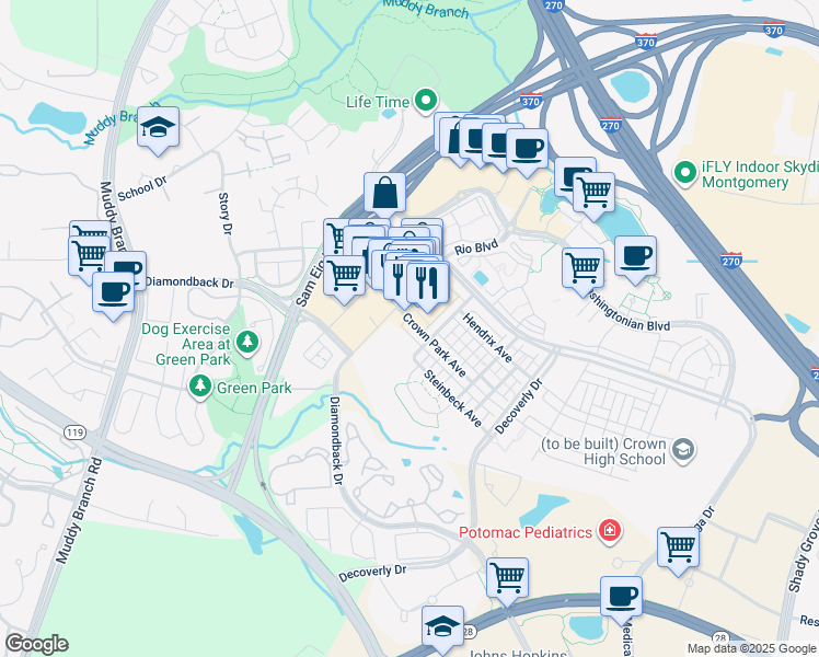 map of restaurants, bars, coffee shops, grocery stores, and more near 223 Crown Park Avenue in Gaithersburg