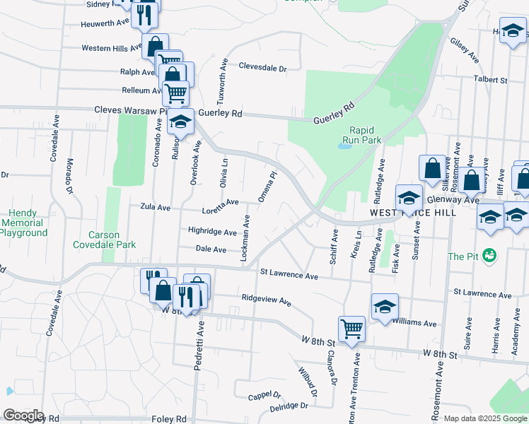 map of restaurants, bars, coffee shops, grocery stores, and more near 1135 Wendover Court in Cincinnati