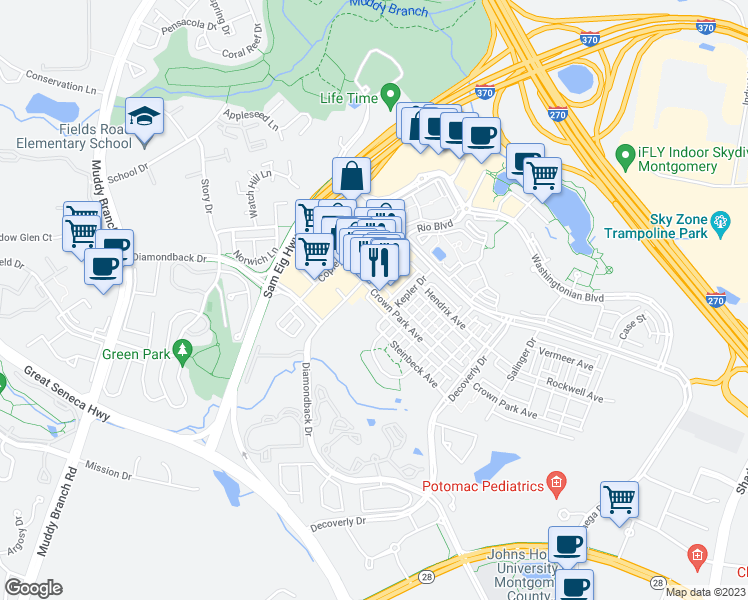 map of restaurants, bars, coffee shops, grocery stores, and more near 223 Crown Park Avenue in Gaithersburg