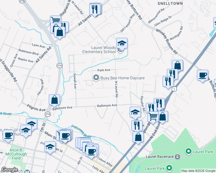 map of restaurants, bars, coffee shops, grocery stores, and more near 9609 Dixon Street in Laurel