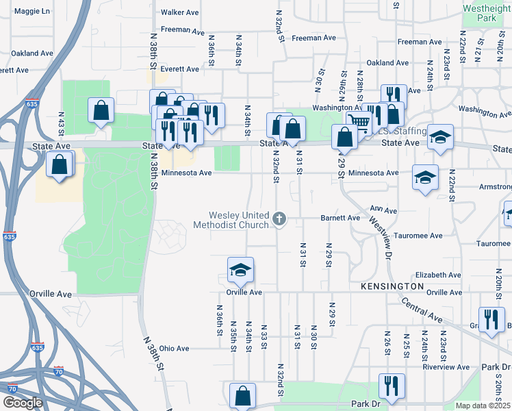 map of restaurants, bars, coffee shops, grocery stores, and more near 839 North 34th Street in Kansas City