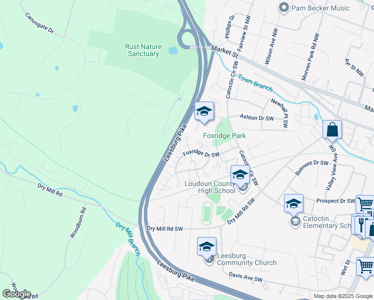 map of restaurants, bars, coffee shops, grocery stores, and more near 469 Foxridge Drive Southwest in Leesburg