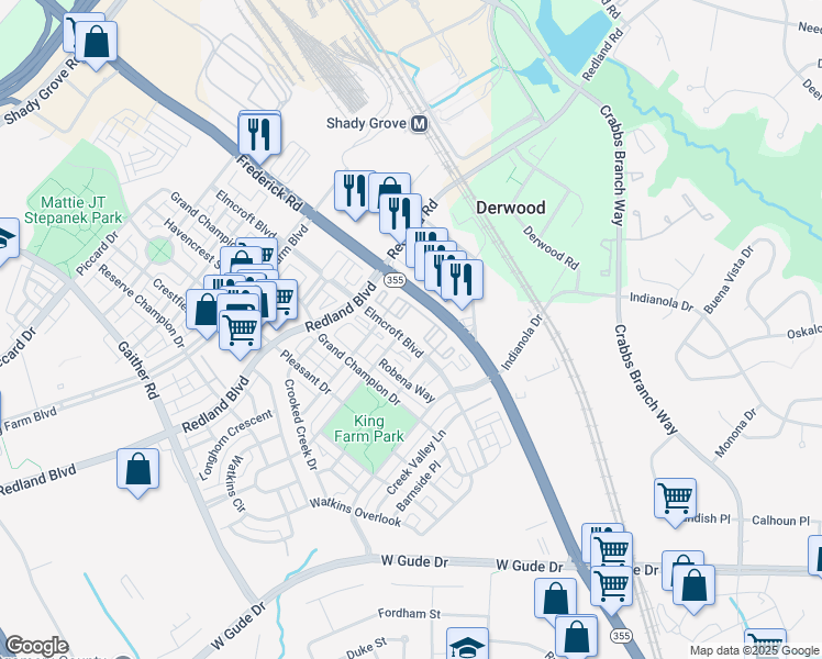 map of restaurants, bars, coffee shops, grocery stores, and more near 465 Elmcroft Boulevard in Rockville