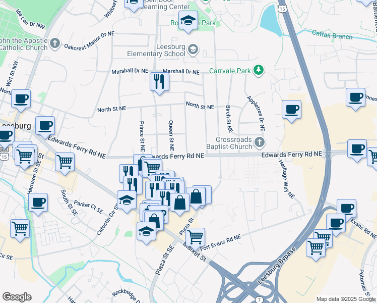 map of restaurants, bars, coffee shops, grocery stores, and more near 120-8 Washington Street Northeast in Leesburg
