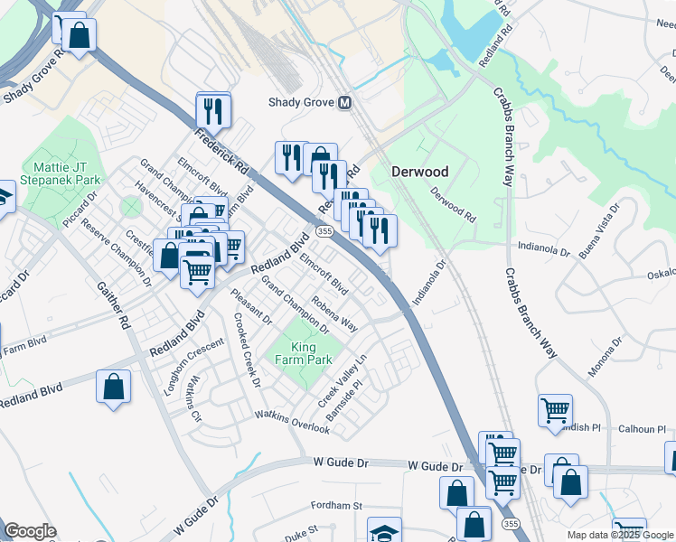 map of restaurants, bars, coffee shops, grocery stores, and more near 465 Elmcroft Boulevard in Rockville
