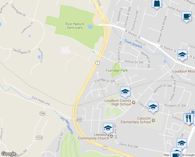map of restaurants, bars, coffee shops, grocery stores, and more near 469 Foxridge Drive Southwest in Leesburg