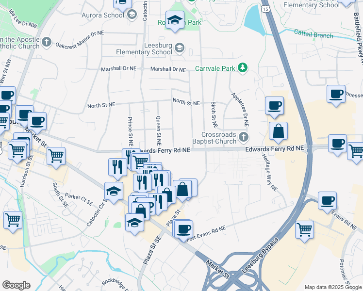 map of restaurants, bars, coffee shops, grocery stores, and more near 120-8 Washington Street Northeast in Leesburg