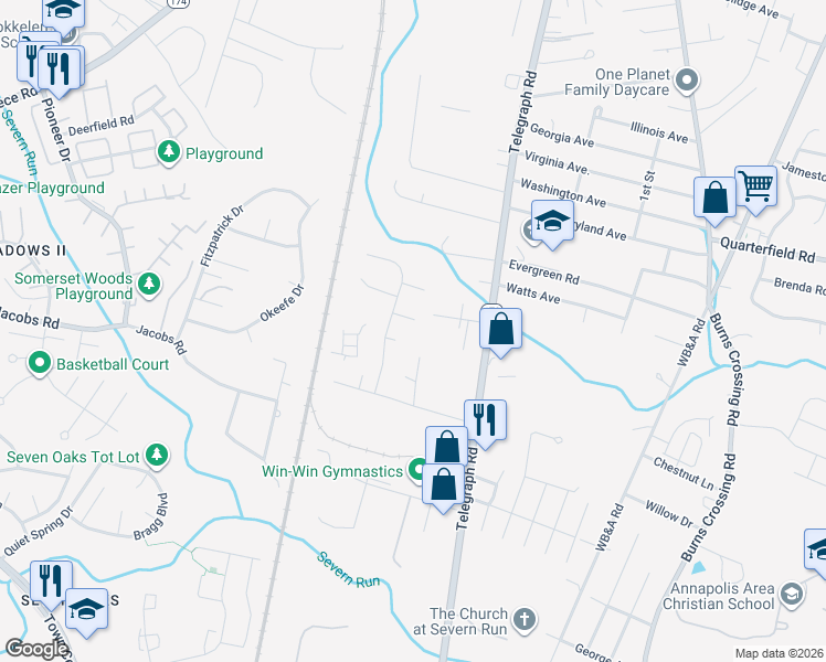 map of restaurants, bars, coffee shops, grocery stores, and more near 1405 Rio Grande Court in Severn