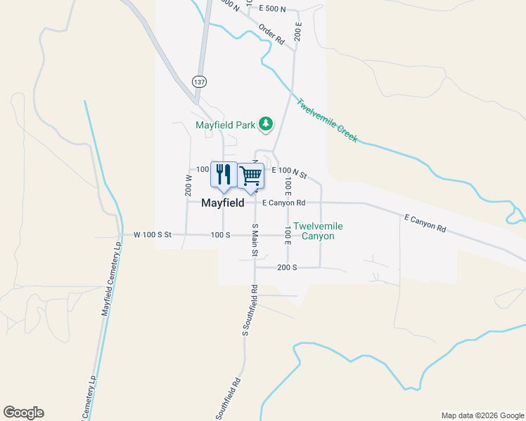 map of restaurants, bars, coffee shops, grocery stores, and more near 11 South Main Street in Manti