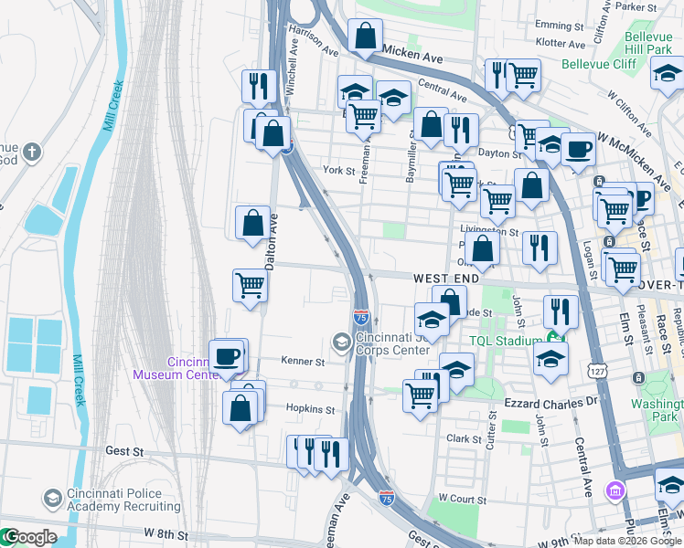 map of restaurants, bars, coffee shops, grocery stores, and more near 1009 West Liberty Street in Cincinnati