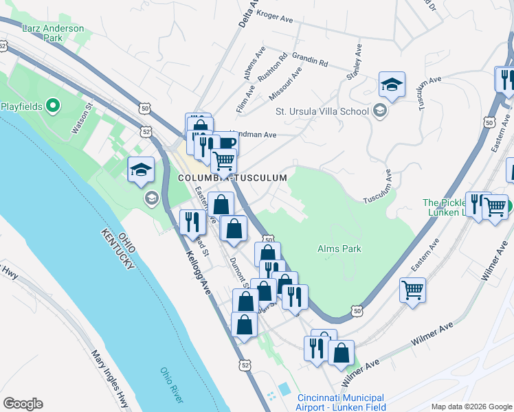 map of restaurants, bars, coffee shops, grocery stores, and more near 407 Tusculum Avenue in Cincinnati