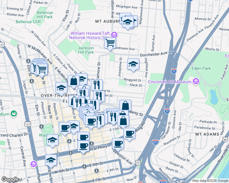 map of restaurants, bars, coffee shops, grocery stores, and more near 406 Boal Street in Cincinnati