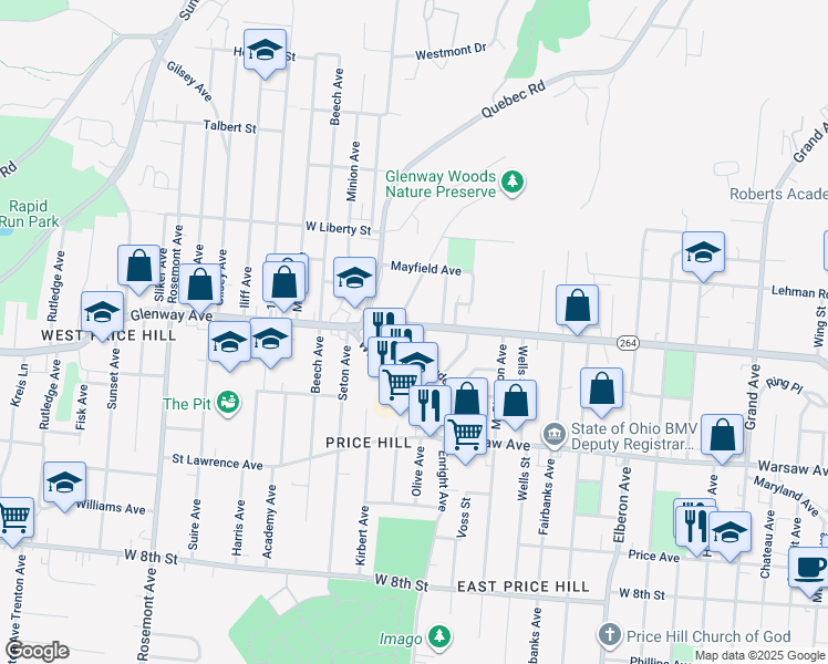 map of restaurants, bars, coffee shops, grocery stores, and more near 3655 Glenway Avenue in Cincinnati