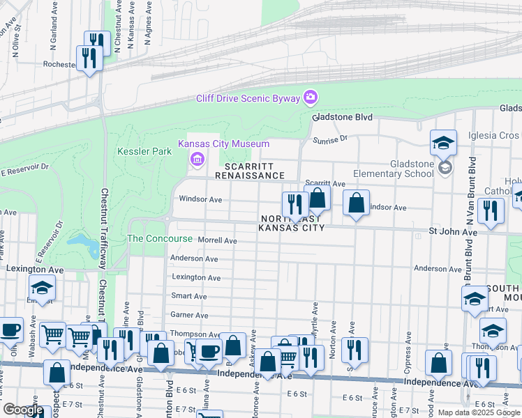 map of restaurants, bars, coffee shops, grocery stores, and more near 3529 Windsor Avenue in Kansas City