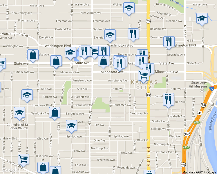 map of restaurants, bars, coffee shops, grocery stores, and more near 809 North 9th Street in Kansas City