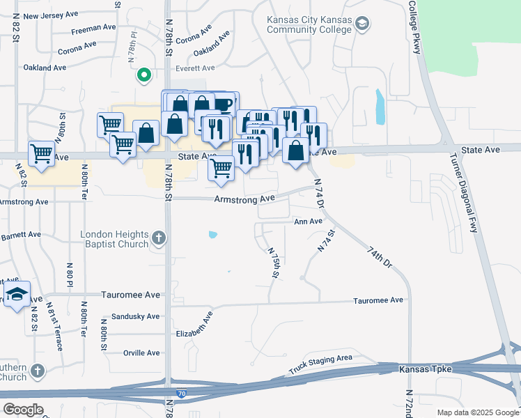 map of restaurants, bars, coffee shops, grocery stores, and more near 7425 Armstrong Avenue in Kansas City