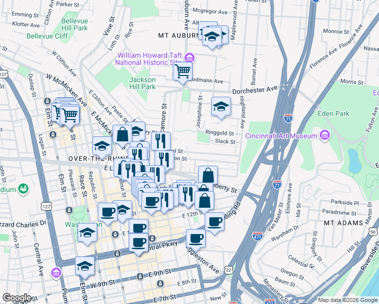 map of restaurants, bars, coffee shops, grocery stores, and more near 406 Boal Street in Cincinnati
